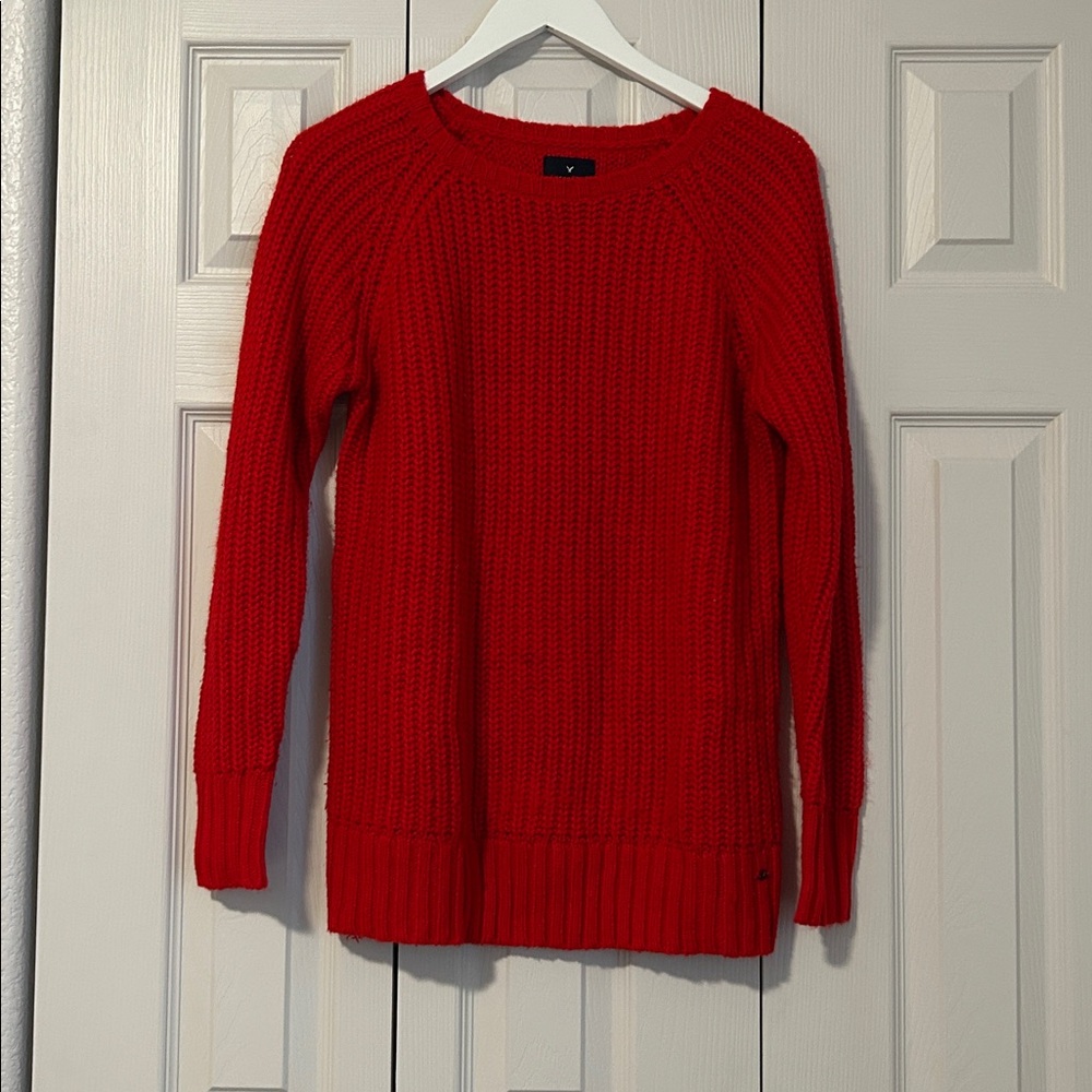 AEO American Eagle Red Knit Jegging Sweater Crew Neck Hoilday Christmas Cozy